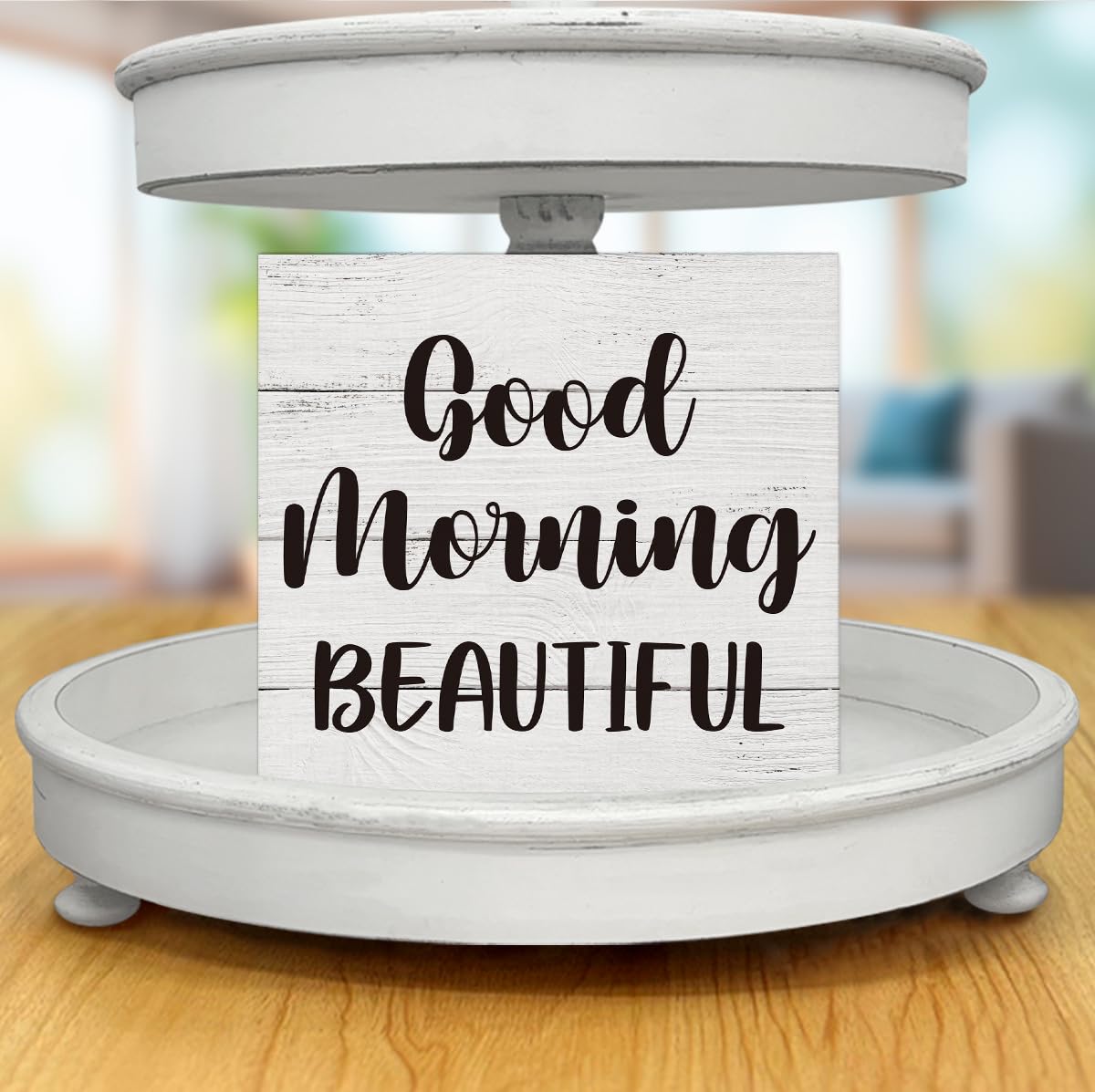 Good Morning Beautiful Wooden Box Sign Desk Decor Wood Box Sign for Home Bedroom Bathroom Shelf Table Decoration 5 X 5 Inch