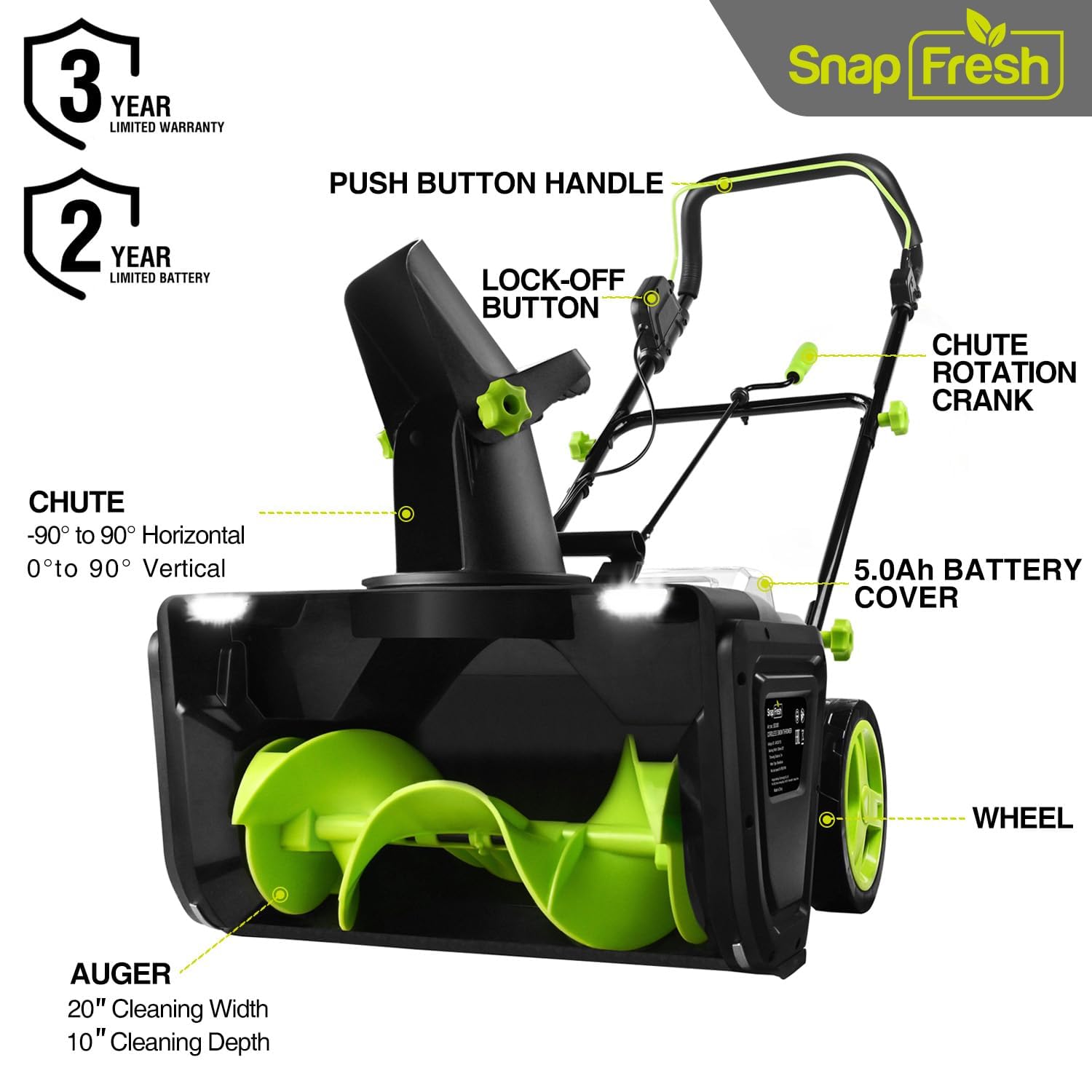 SnapFresh Electric Snow Blower Cordless - 2 x 20V 20 Inch Brushless Snow Blower with 5.0Ah Battery x 2 and Fast Charger, Built-in Dual LED Headlights