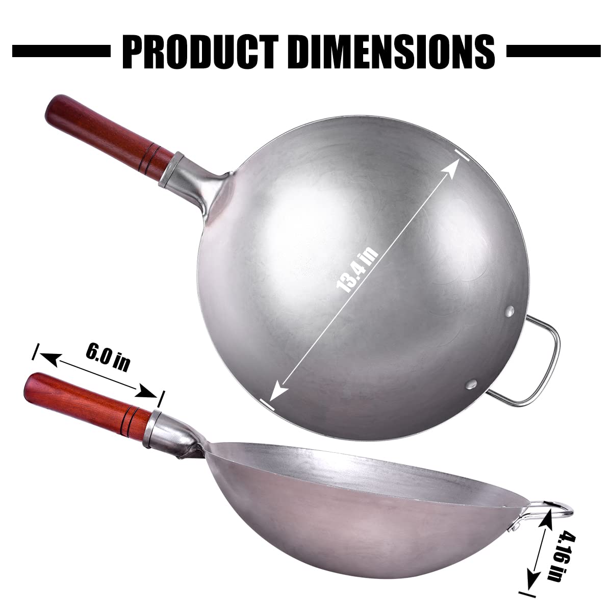 Teewe Carbon Steel Wok Traditional Hand Hammered - 13.4" Chinese Woks Round Bottom Wok Pan Set with 8 Pcs Cookware Accessories