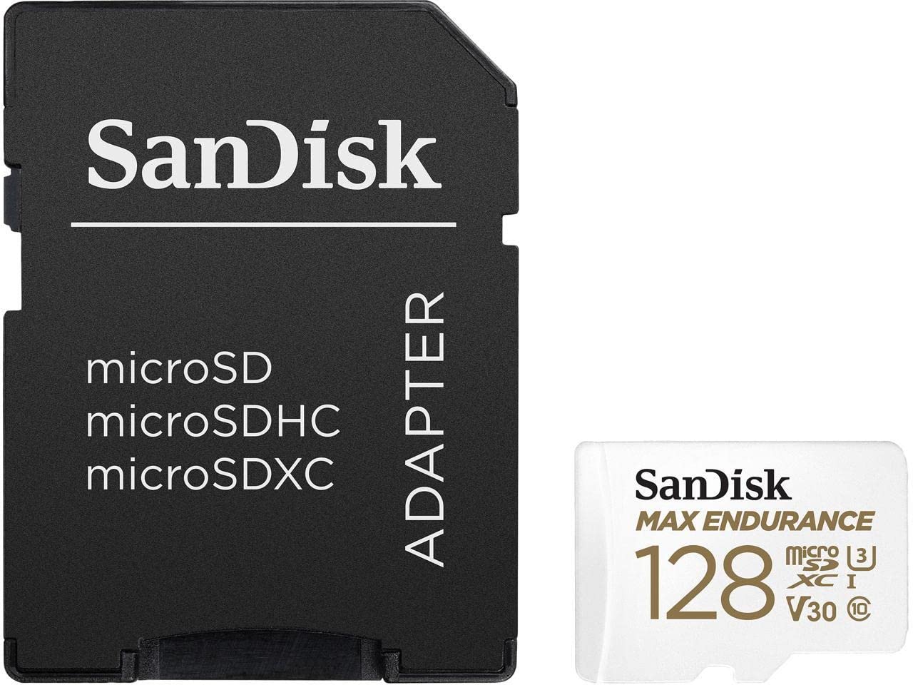 SANDISK 128GB MAX Endurance microSDXC Card with Adapter for Home Security Cameras and Dash cams - C10, U3, V30, 4K UHD, Micro SD Card - SDSQQVR-128G-GN6IA
