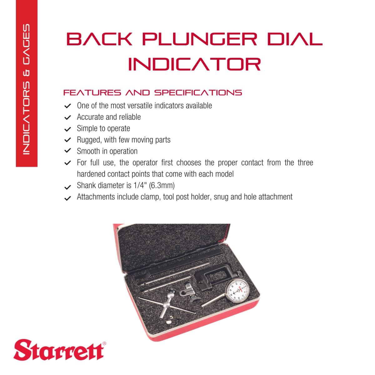 Starrett Universal Dial Test Indicator Set with Back Plunger for Full Use - White Face, 0-50-0 Reading, .200" Range, 0.001" Graduation, 1/4" Shank Diameter for Mounting - 196A5Z