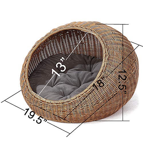 D+GARDEN Wicker Cat Bed Dome for Medium Indoor Cats - a Covered Cat Hideaway Hut of Faux Rattan Houses Pets in Dome Basket, Washable