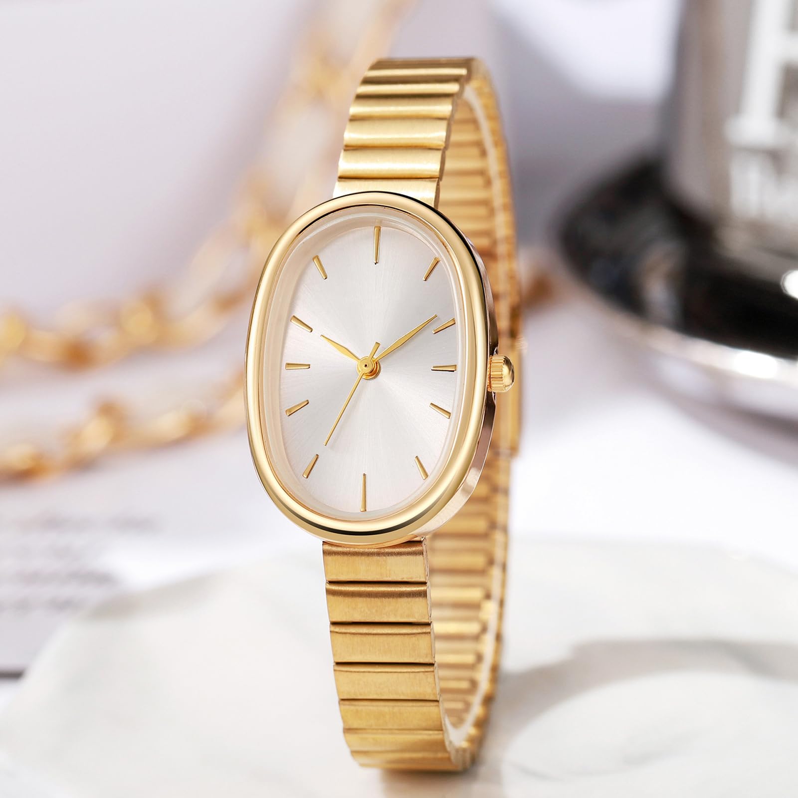 BESTKANG Exquisite Watches for Women Easy Reader Watch Fashion Oval Ultrathin Waterproof Ladies Wrist Watch (Gold White)
