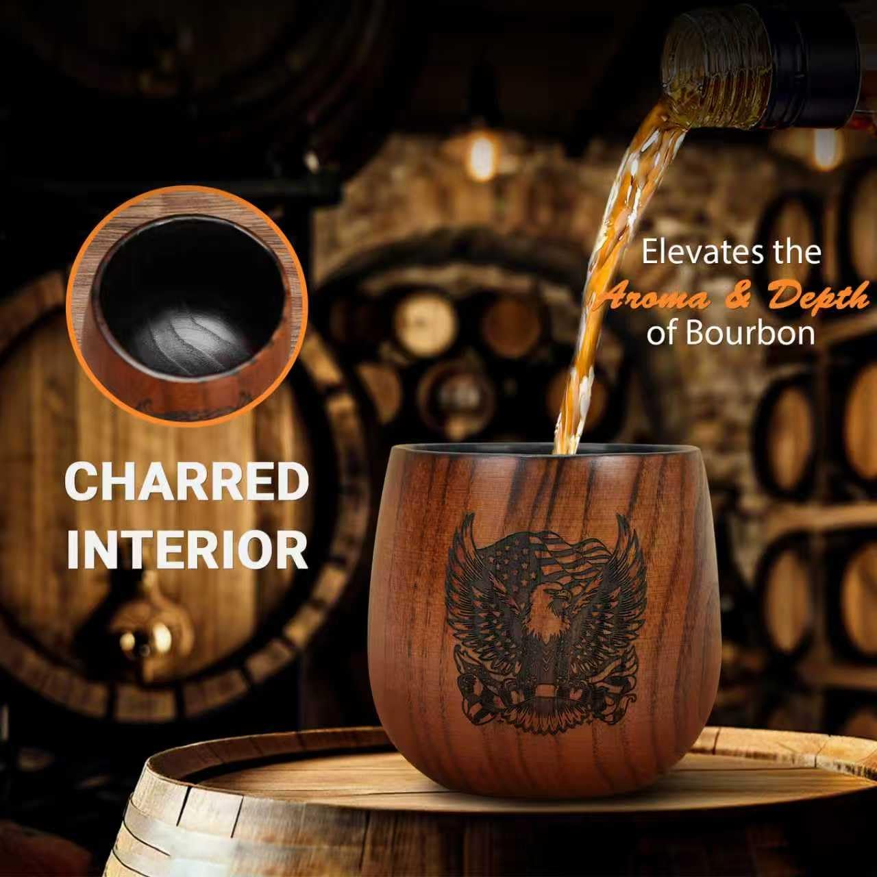 Wooden Whiskey Glass β Wooden Bourbon Drinking Glass with Eagle Design β Solid Wood Whiskey Cup β Old Fashioned Glasses Set of 2 β Birthday, Retirement, Weddings, Anniversaries Gift for Men Women