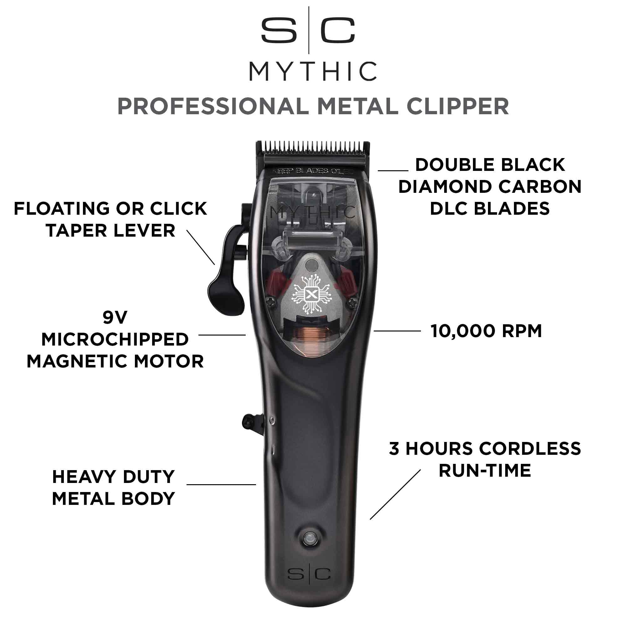 Stylecraft Mythic Professional Metal Body Cordless Hair Clipper with 9V Magnetic Microchipped Motor, Double Black Diamond Carbon Blades, 8 Guards, Black