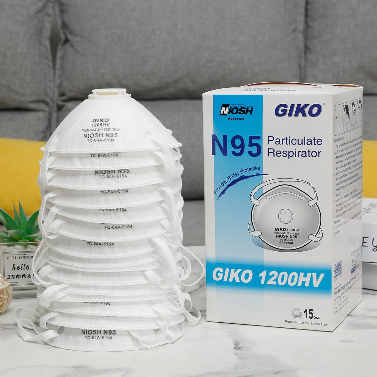 GIKO N95 Respirator Masks - 15Pcs NIOSH Certified Safety Masks Cup Particulate Respirator Mask with Breathing Valve for Adult, Men, Women, White