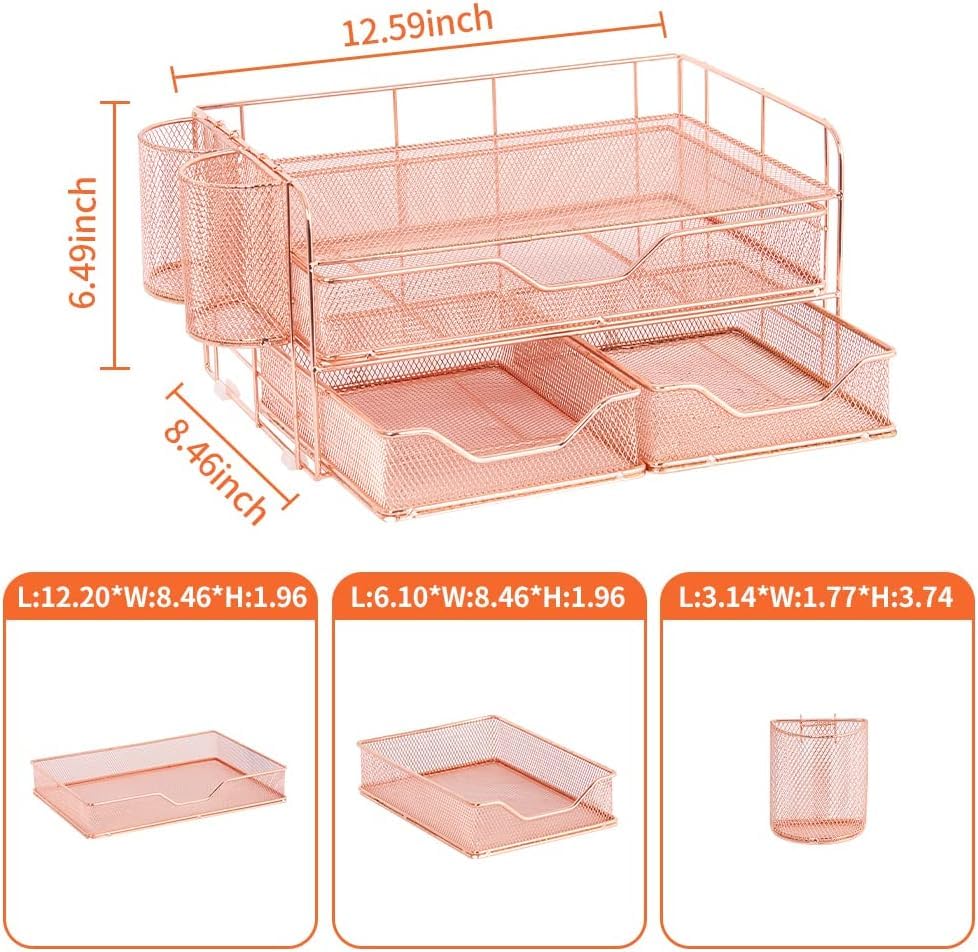 Youbetia Paper Tray Organizer with Mesh File Holder, 5 Tier Desk Accessories & Workspace Desk Organizers with Pen Holder, Office Desk Accessories Desktop Organization for Office Supplies (Black)