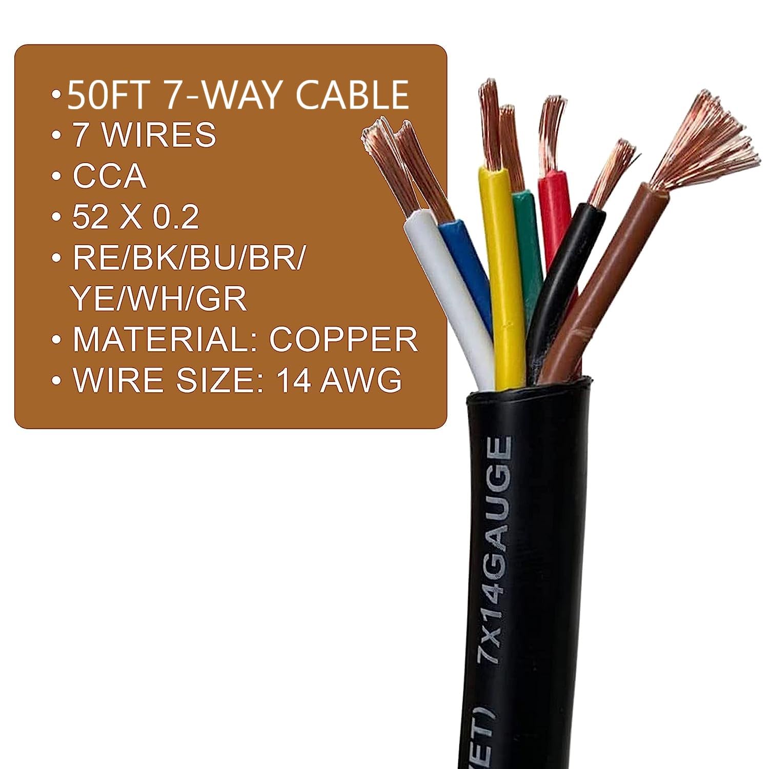 14 Gauge 7 Way Conductor Extension RV Trailer Wire Cable Wiring Insulated 50 Feet 14/7