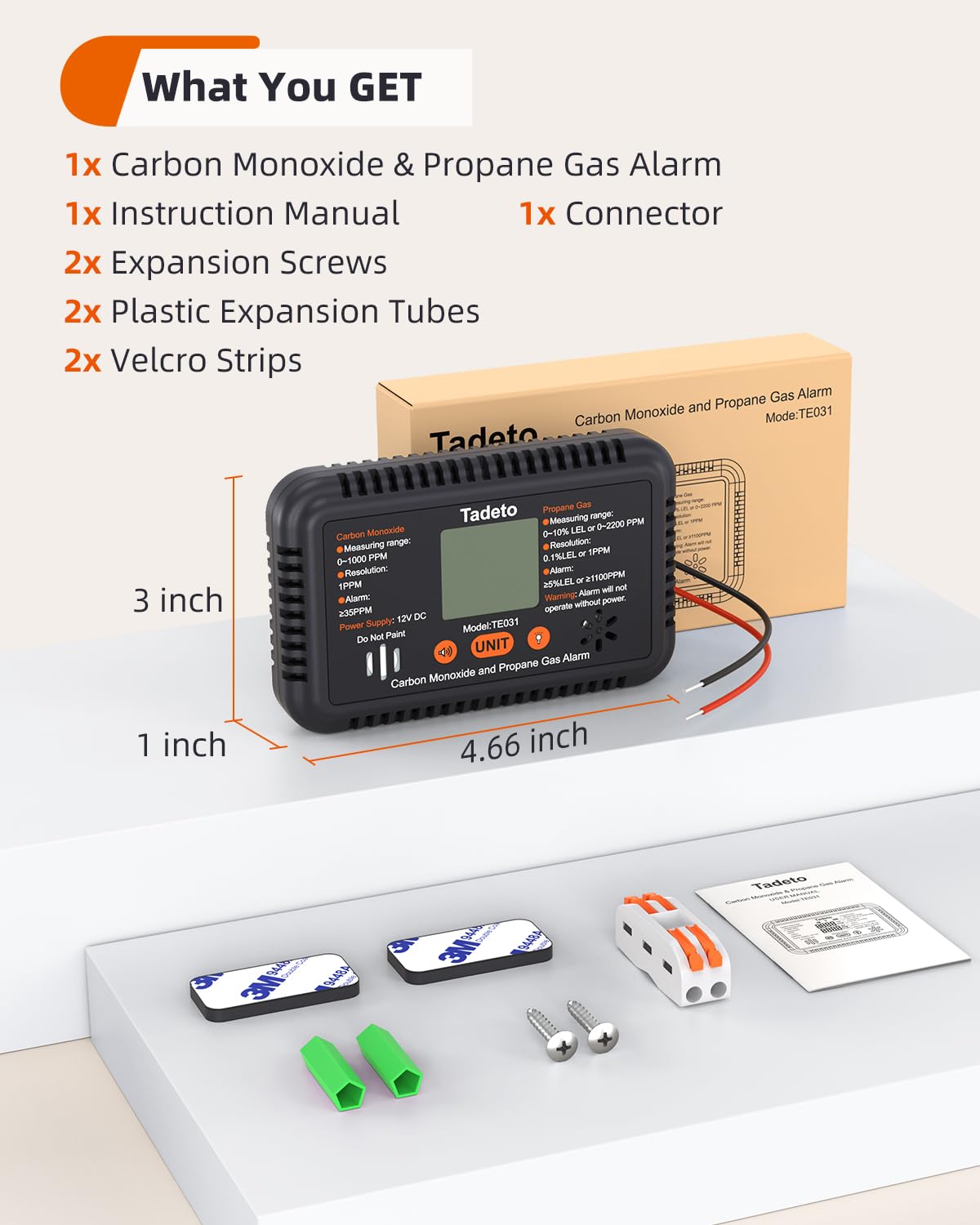 Tadeto RV Carbon Monoxide and Propane Gas Alarm, 12V DC CO/LPG Gas Leak Alarm with Light and Audible Indicator, RV Carbon Monoxide and Propane Gas Detector with Reset/Backlight for RV/Trailer/Camper