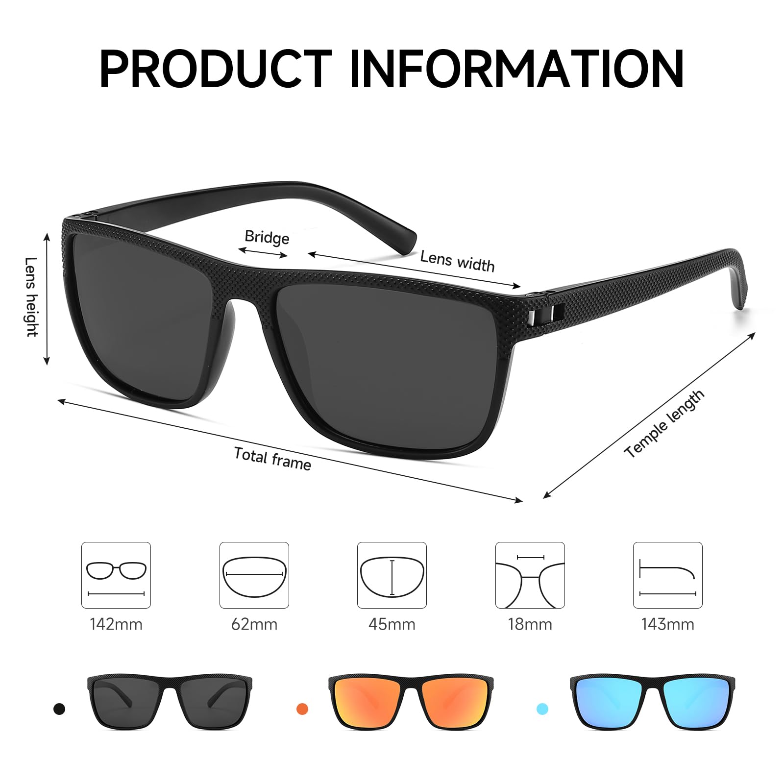MASDUN Polarized Sunglasses for Men and Women Square Sun glasses UV Protection For Driving Fishing Golf (3 Pack) (Black/Red/Blue)