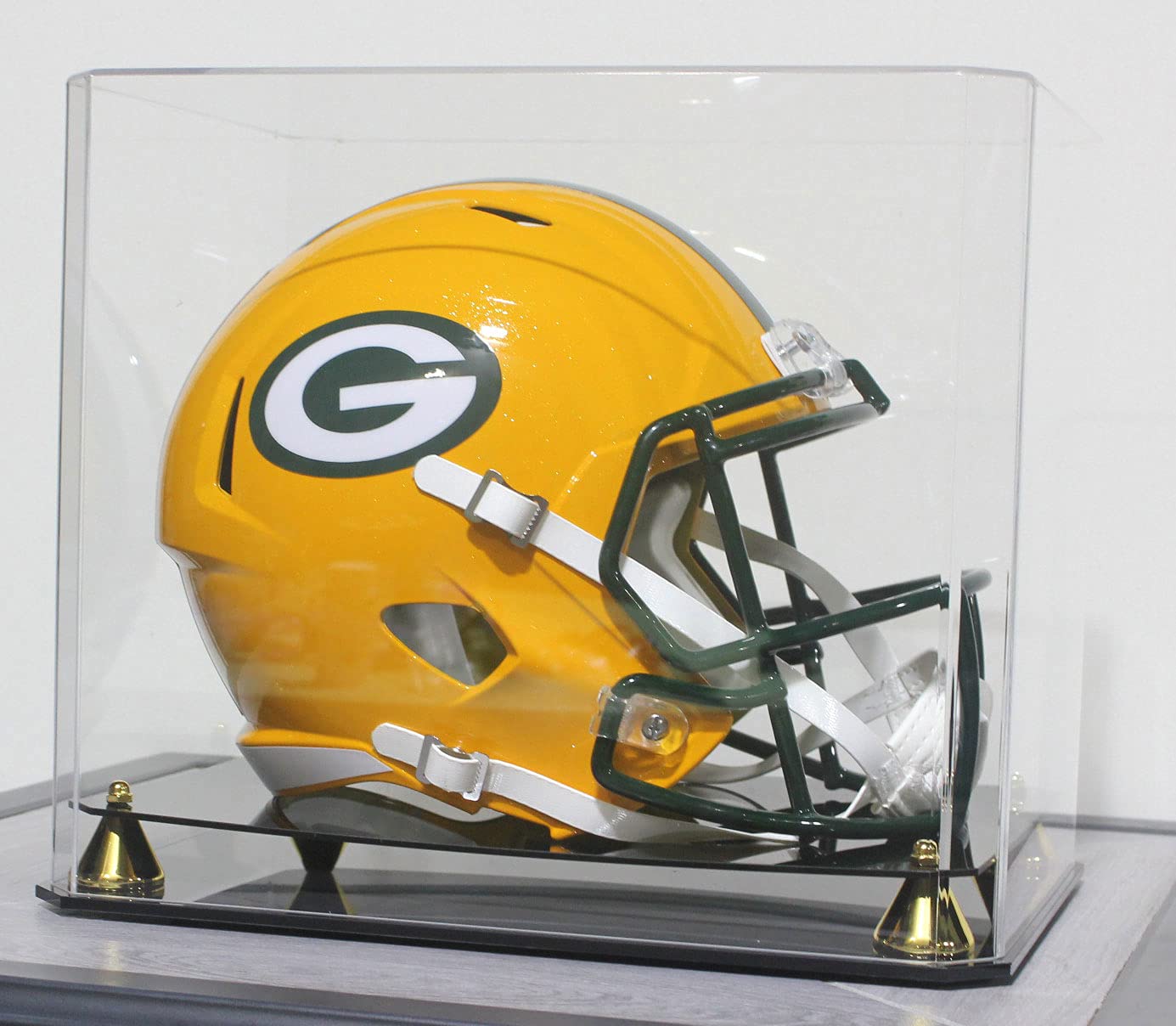 DisplayGifts Pro UV Football Helmet Display Case Stand fits Adult Size Baseball, Ice Hockey, Motorcycle, Football Helmets, Showcase with Gold Risers, One Piece No Assembly Required