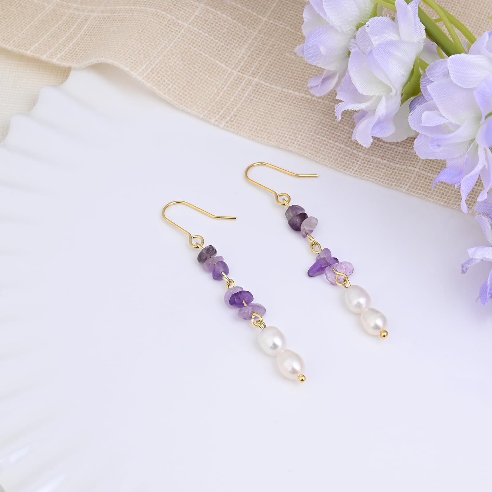 Gold Plated Amethyst Earrings Pretty Purple Earrings Dangle Pearls Hypoallergenic Crystal Nature Earrings for Women Trendy