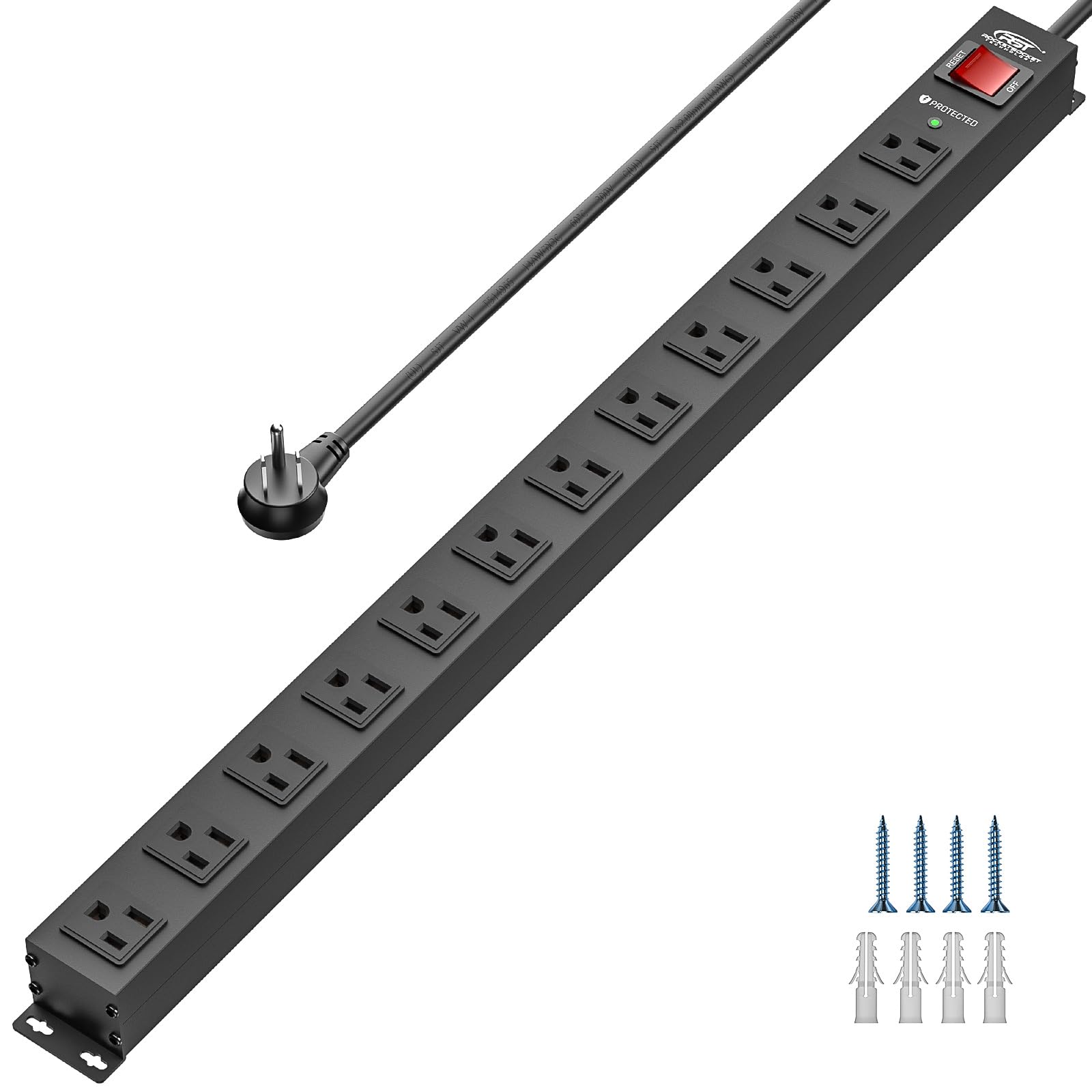 CRST 12-Outlet Long Power Strip with 15FT Cord, 2100 Joules Heavy Duty Surge Protector Mountable Power Strip, Wide Spaced Outlets for Industrial Garage Commercial(15A/1875W)