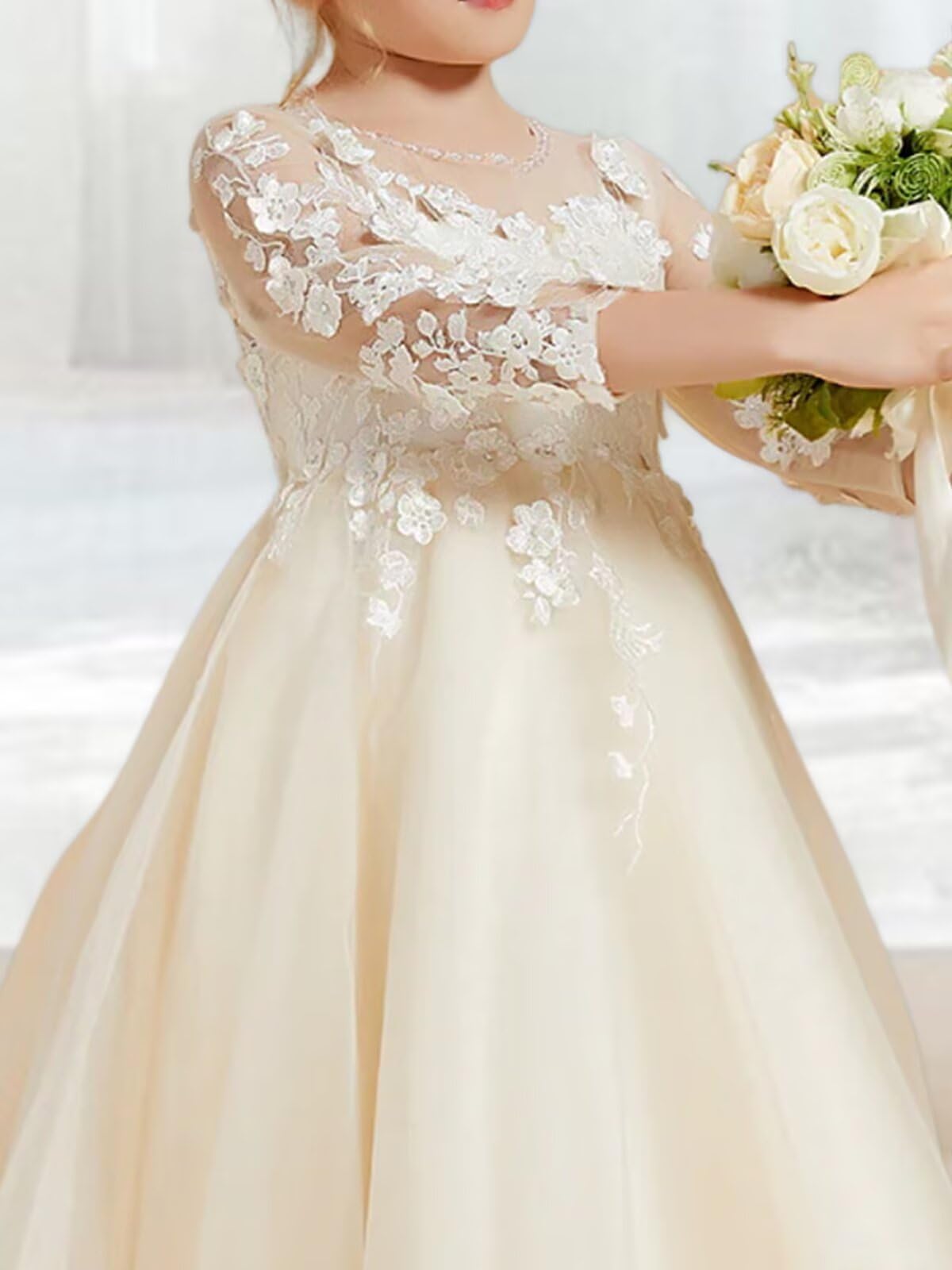 MXODI White Lace Applique Flower Girl Dresses for Wedding Party Gowns A Line Floor Length First Communion Dress with Long Sleeve Puffy Tulle Girla Wedding Dress White Size 2