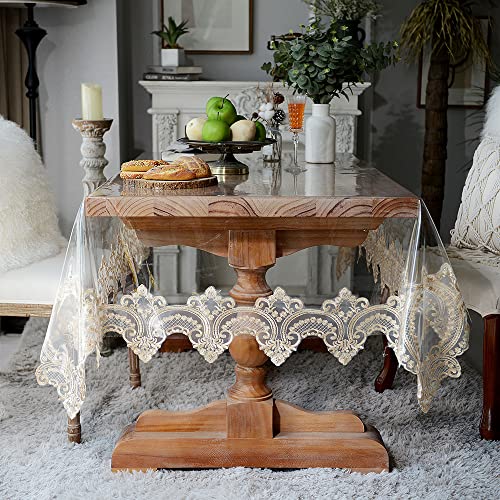 SUTAVIA Round Clear Vinyl lace Tablecloth 100% Oil Proof Waterproof Spill Proof Table Cloth Transparent PVC Table Protector Heavy Plastic Table Cover (Champagne,60" Round)