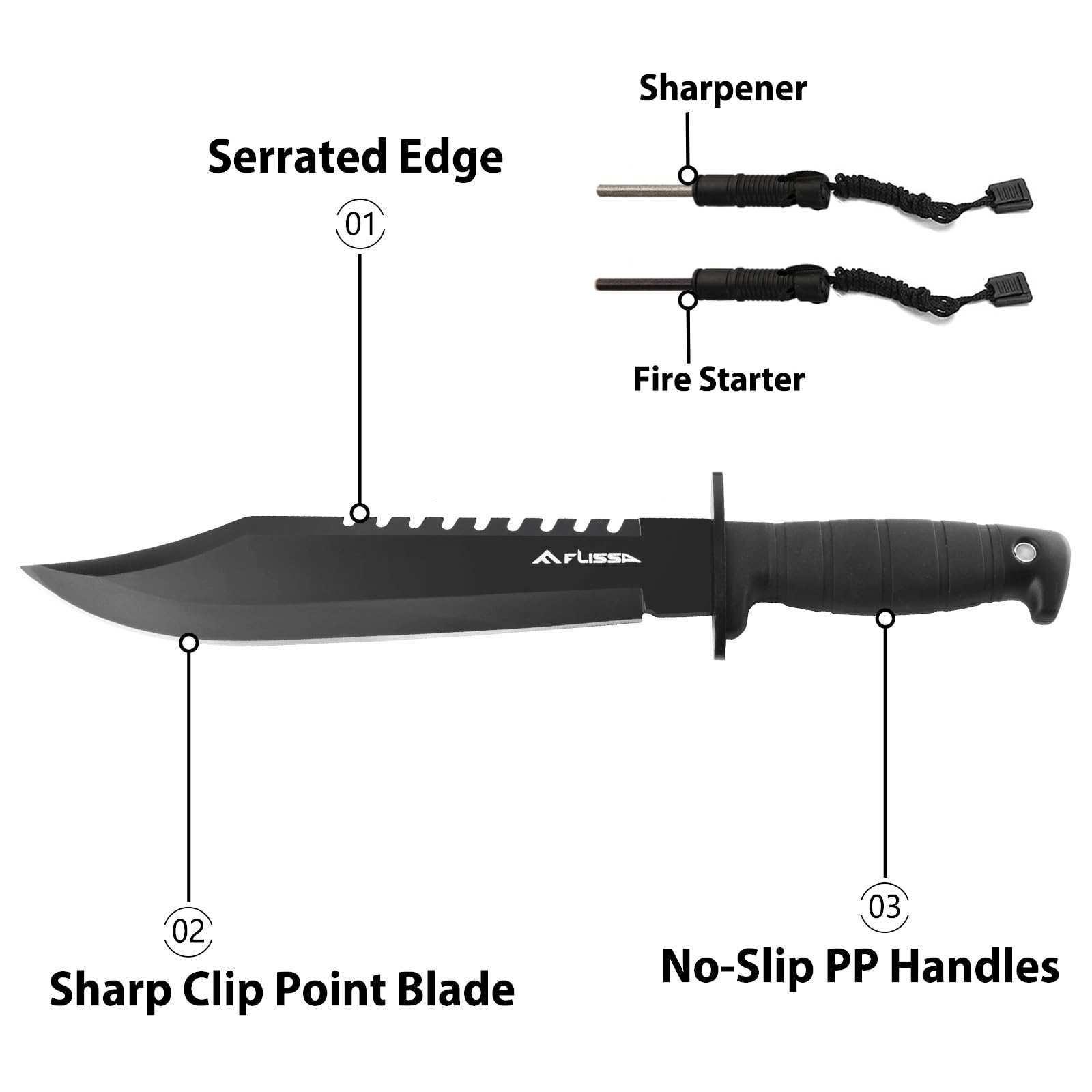 FLISSA Survival Hunting Knife with Sheath, 15-inch Full Tang Fixed Blade Tactical Bowie Knife with Sharpener & Fire Starter for Camping, Outdoor, Bushcraft