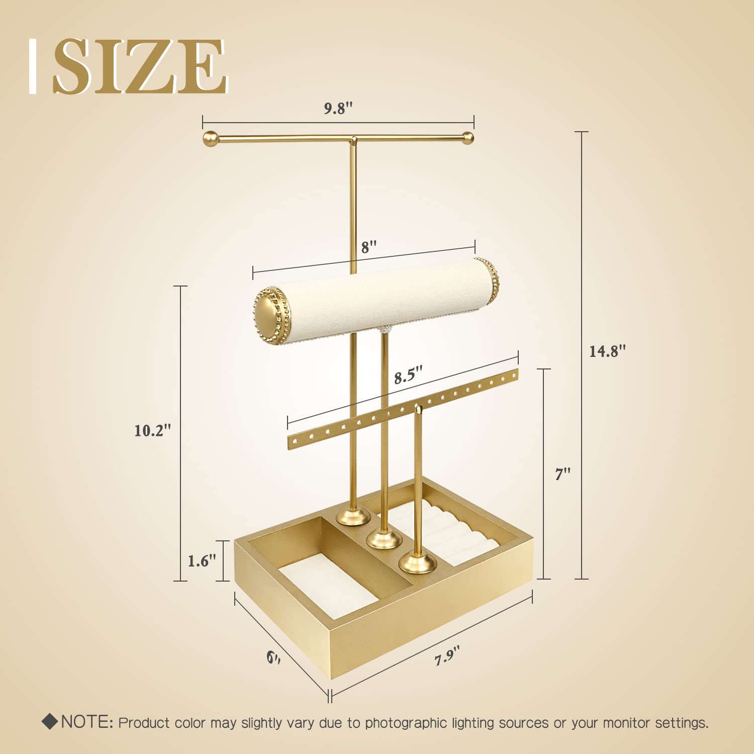Funlove Jewelry Organizer Stand 3-in-1 Jewelry Holder for Necklaces Bracelet Earrings & Ring Jewelry Tree Jewelry Tower Metal & Wood-Gold