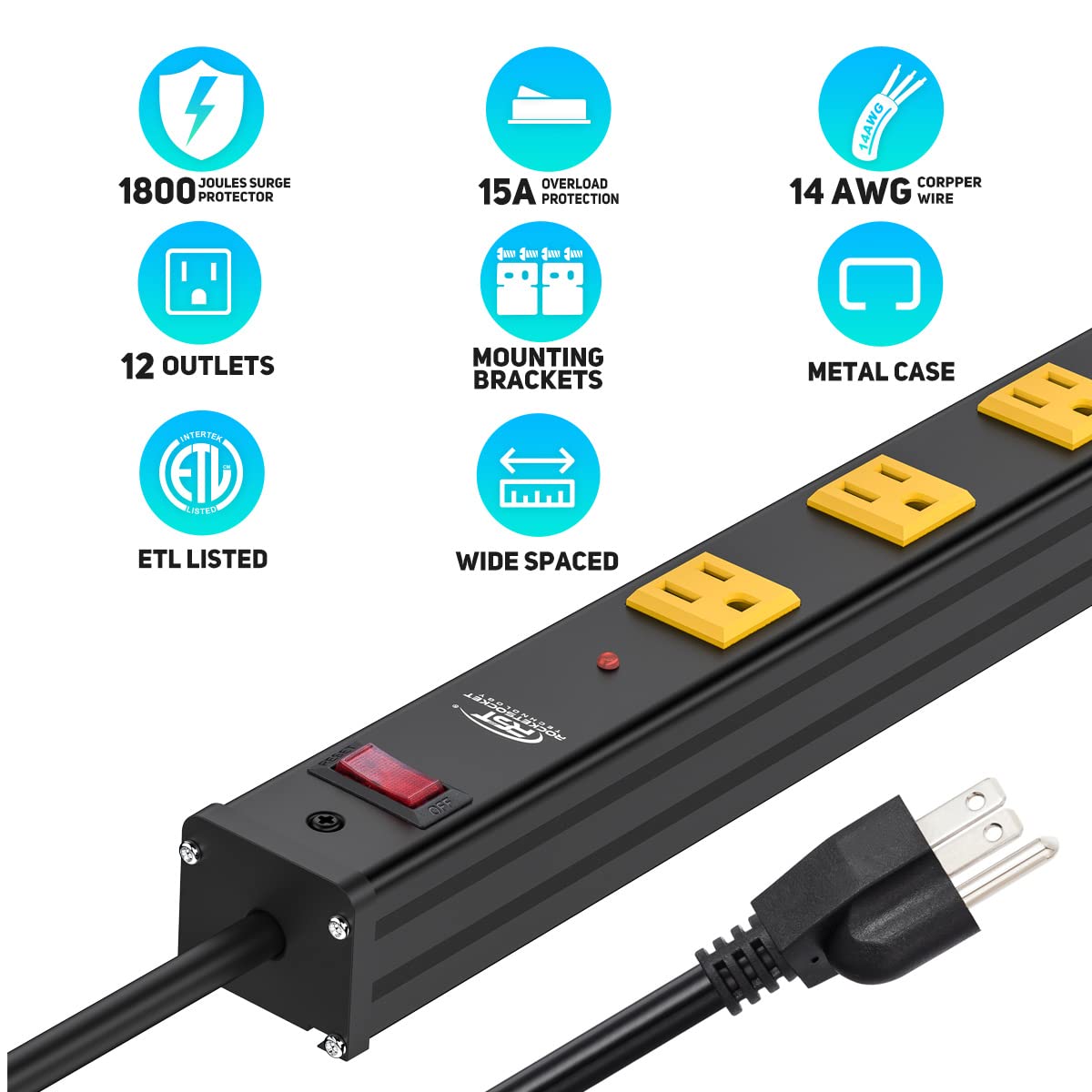 Long Power Strip, 12-Outlet Heavy Duty Surge Protector Wall Mount Power Strip with 1800 Joules Protection 15A Circuit Breaker 6FT for Garage, Shop, Industrial, Underdesk