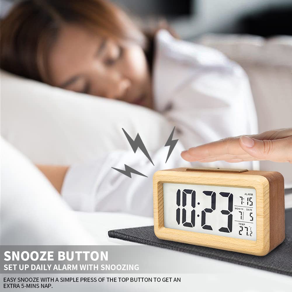 everwood Wooden Digital Alarm Clocks for Bedrooms Battery Operated, Wooden LCD Digital Clock with Smart Sensor Night Light, Temperature Detect, Snooze Function