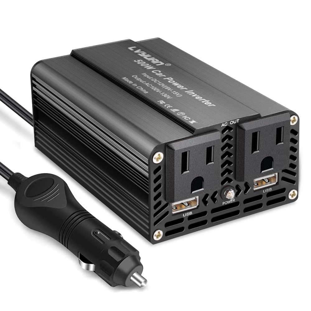 LVYUAN 500W Power Inverter for Vehicles DC 12V to 110V AC Car Plug Adapter Outlet Converter with 3.1A Dual USB Car Charger for Laptop Computer Black