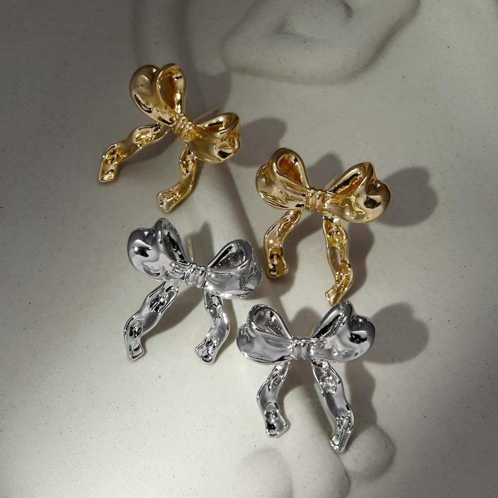 TONLUYAX Silver Bow Earrings Women Girls Ribbon Stud Earrings Hypoallergenic Bowknot Earrings Gift