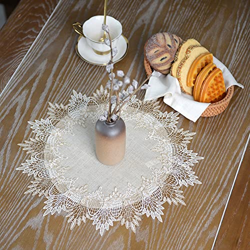 ARTABLE Grey Lace Doily Linen Table Topper Scarf Placemat Round Small Coffee Farmhouse Table Cover Rustic for Kitchen Home Dining (Stone Grey, 15 Inch Round)