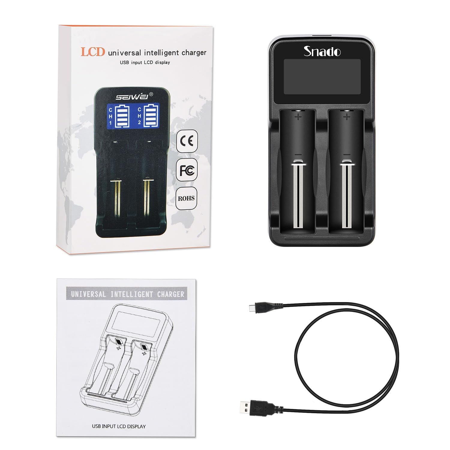 Intelligent Charger, Snado LCD Display Universal Smart Charger for Rechargeable Batteries Li-ion Batteries 18650 18490 18350 17670 17500 16340 14500, Ni-MH/Ni-Cd A AA AAA Battery (2 Slots)