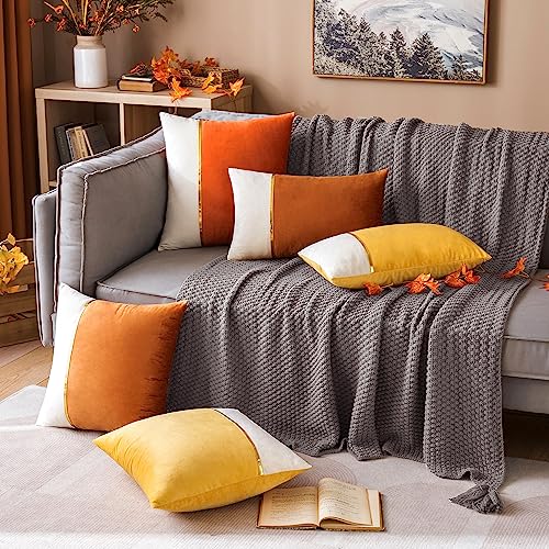 MIULEE Pack of 2 Decorative Patchwork Velvet Throw Pillow Covers with Gold Leather Square Soft Solid Pillowcases Couch Pillows Cushion Covers for Bed Sofa Living Room 12 X 20 Inch Black