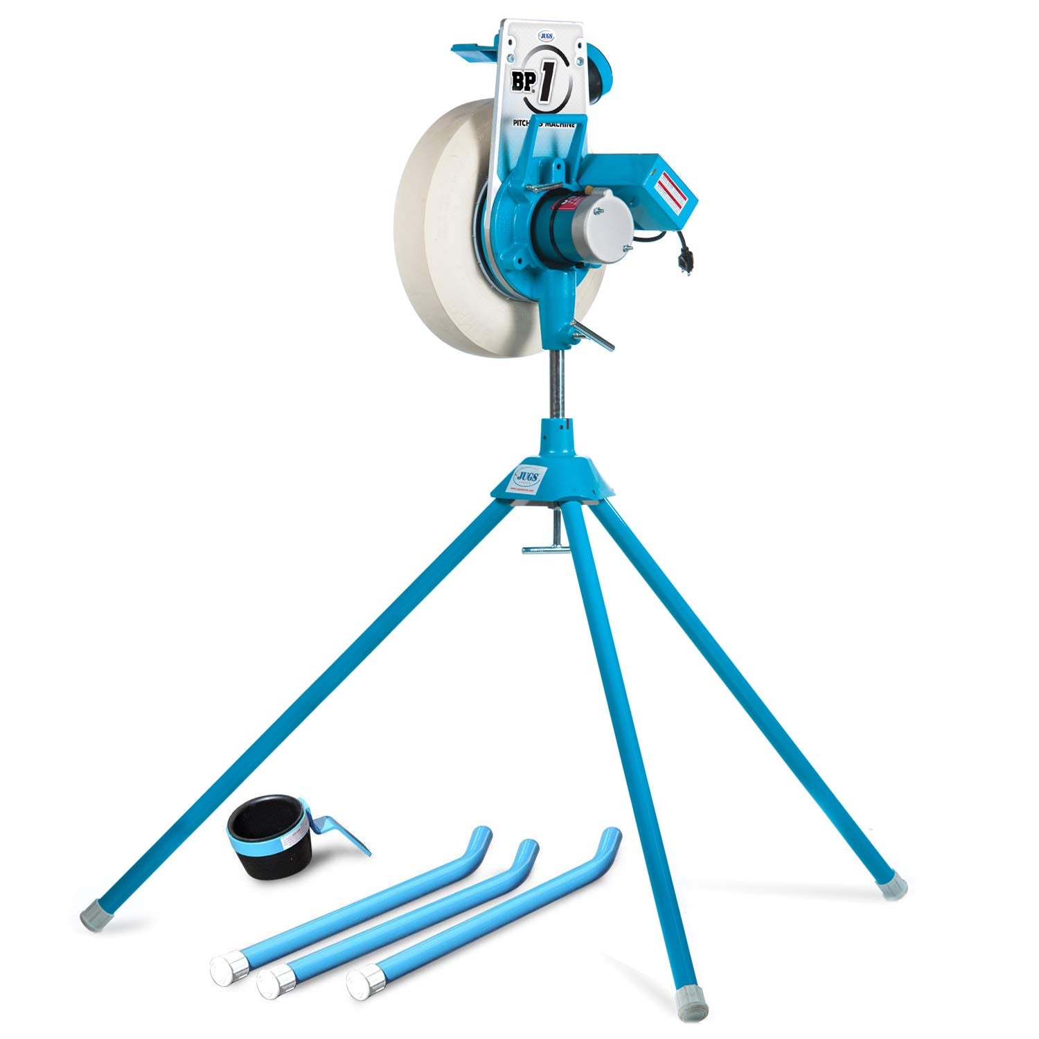 Jugs BP1 Baseball/Softball Combo Pitching Machine — Throws Baseballs or softballs up to 70 mph. Set up for Baseball or Softball, This Machine Throws from a Realistic delivery Height.