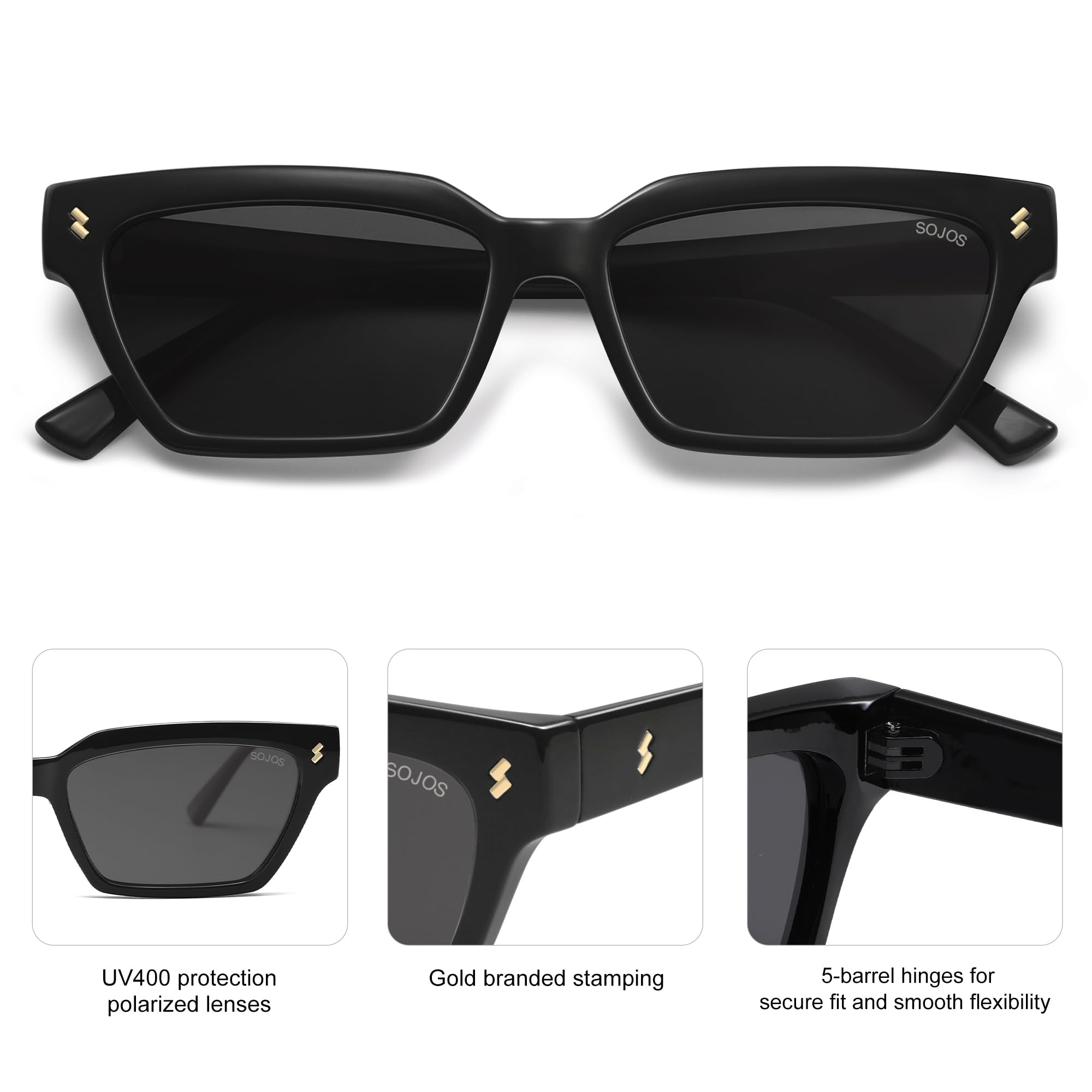 SOJOS Trendy Polarized Sunglasses Womens Men Retro Vintage 90s Cute Cat Eye Narrow Sun Glasses SJ2381 Black Frame Grey Lens