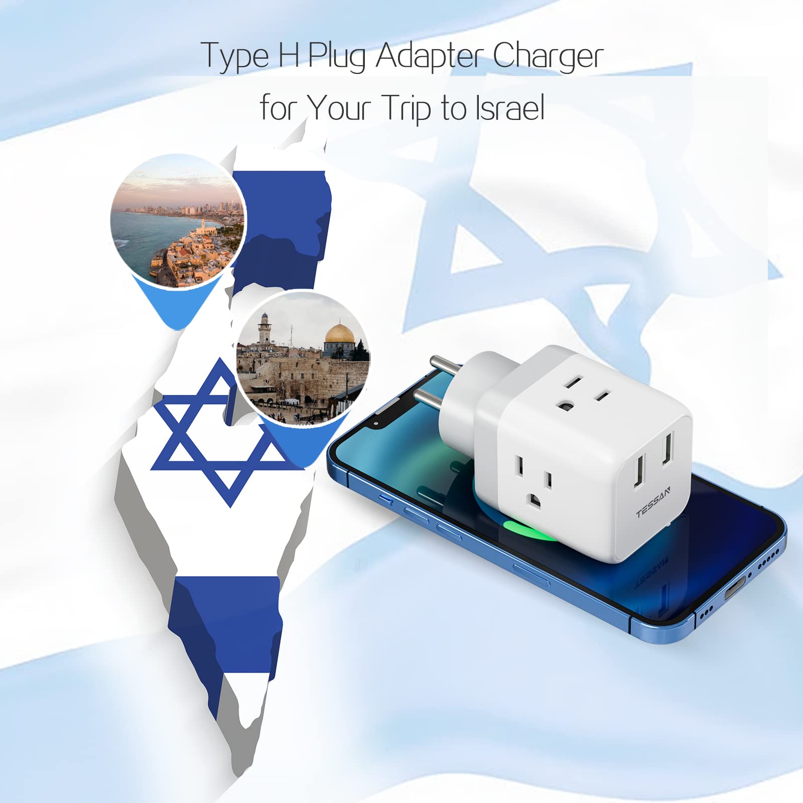 TESSAN Israel Power Adapter US to Israel Plug Adapter with 3 Outlets 2 USB Charging Ports, Power Outlet Converter for Israel, Palestine, Jerusalem, Holy Land, Gaza Strip, Type H Output