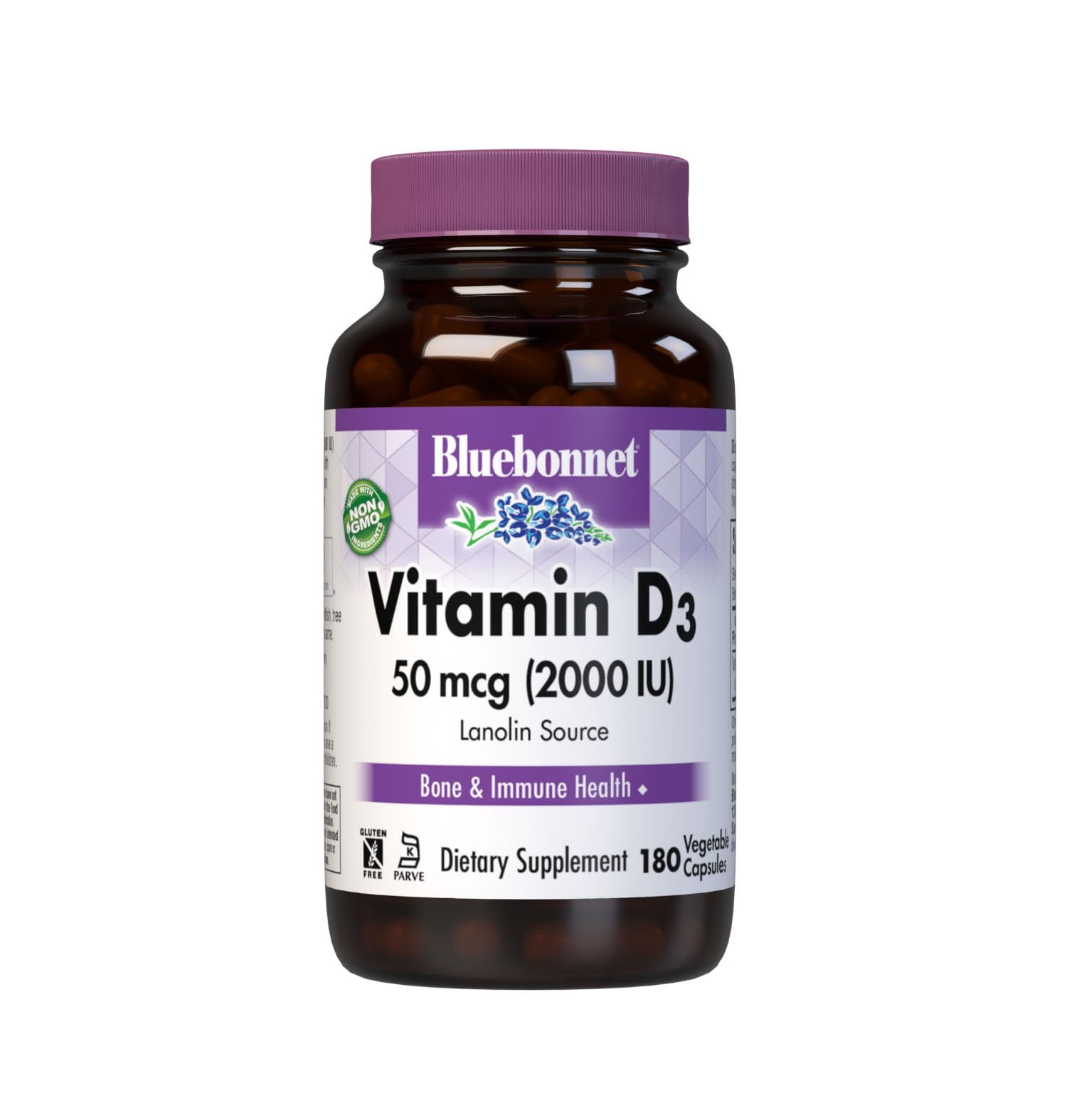Bluebonnet Nutrition Vitamin D3 2000 IU Vegetable Capsule, Aid in Muscle and Skeletal Growth, Cholecalciferol from Lanolin, D3, Non GMO, Gluten Free, Soy Free, Milk Free, Kosher, 180 Vegetable Capsule