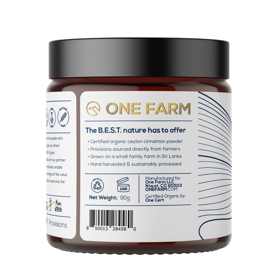 One Farm by WAAYB Organic Ceylon Cinnamon, Single Estate, Freshly Ground Premium Sri Lanka Cinnamon, Non-GMO, Fair-Trade & Gluten Free in Resealable Jar for Cooking, Smoothies, Lattes & Tea