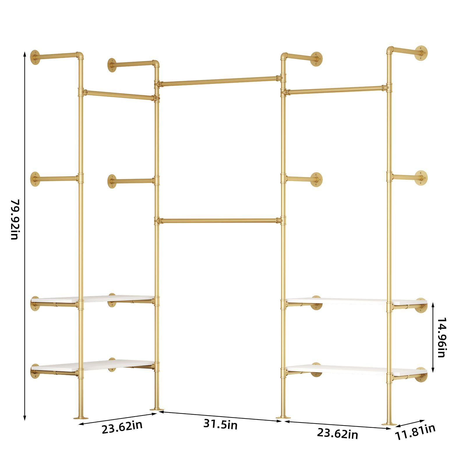 Woskar Industrial Pipe Clothing Rack, Wall Mounted Clothes Rack for Hanging Clothes, Retail Display Rack with Shelves, Add Corner installation Method (Gold, III-2Tier)