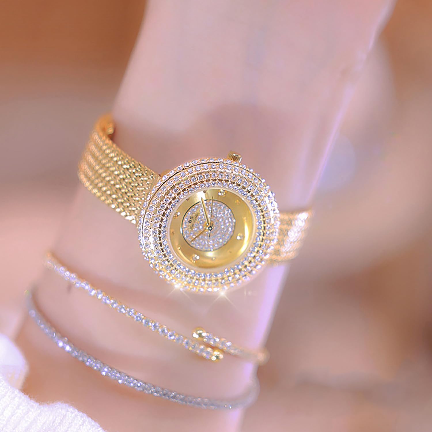 BESTKANG Luxury Womens Watch Round Bling Bling Crystal Rhinestone Diamond Fashion Jewelry Ladies Watch Analog Quartz Waterproof Female Watches for Women (Gold White)