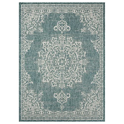 Nicole Miller New York Patio Country Azalea Transitional Medallion Indoor/Outdoor Area Rug, Blue/White, 5'2"x7'2"