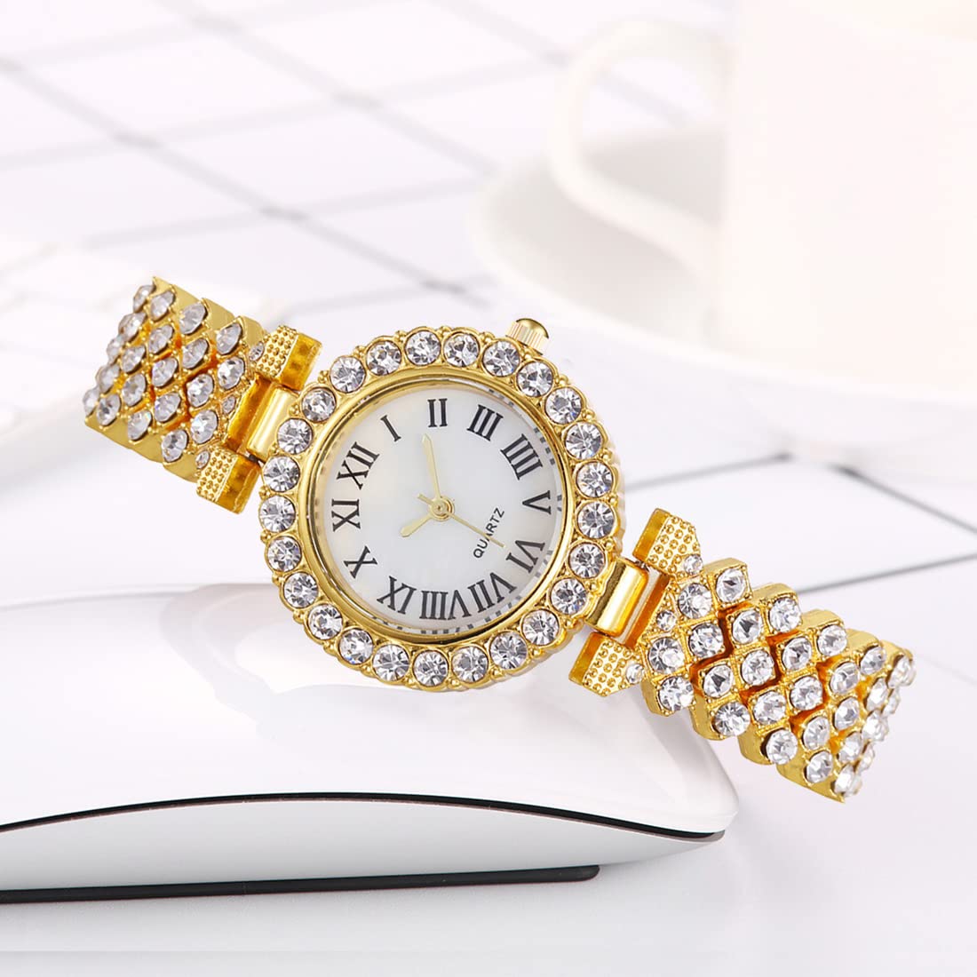 Women Diamond Watchs Luxury Fashion Ladies Bangle Bracelet Set Wrist Watch Female Dress Watch (Silver) (Gold)
