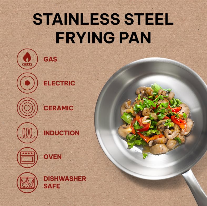 Alva Maestro Stainless Steel Frying Pan 8" - Oven Safe and Made without PFAS, PFOA & PTFE - Induction and All Stovetop Compatible with Even Heat Distribution