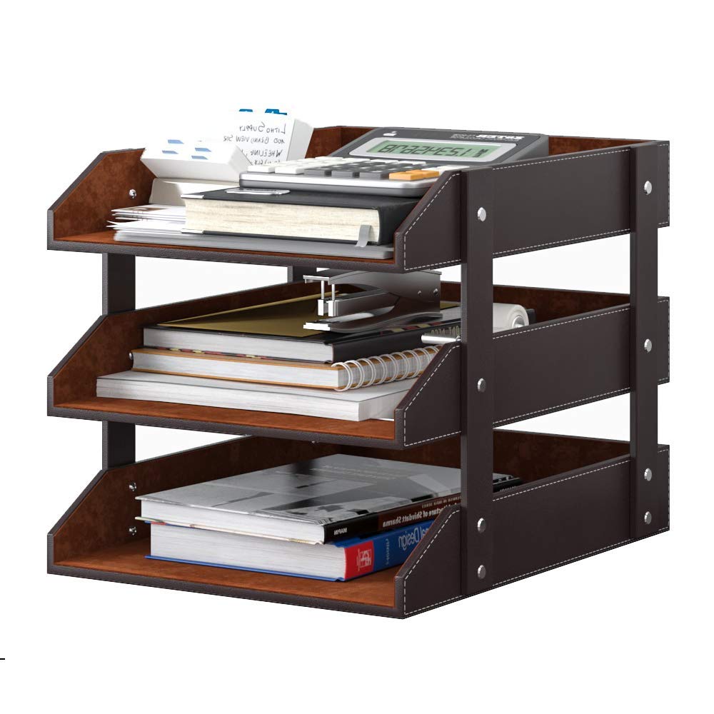 Leather Desk Organizer, Thipoten 3-Tier Stackable Letter Tray Holder for Office Supplies, Paper, File, Magazine, Perfect Office Organization for Desktop (Brown-3Tiers)