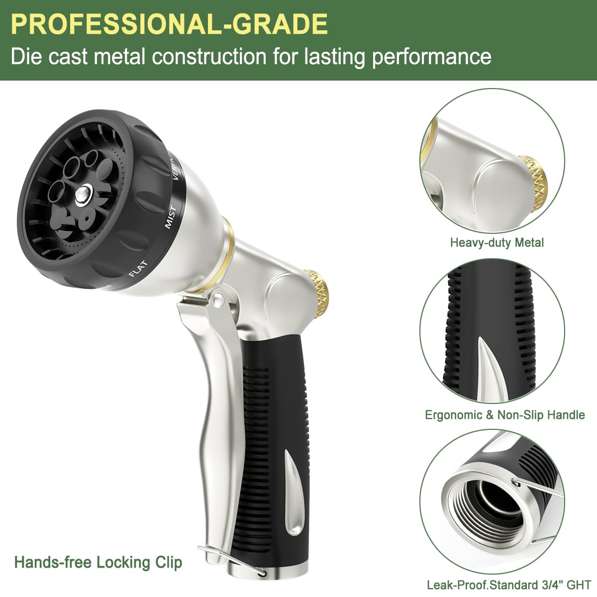 FANHAO Heavy Duty Garden Hose Nozzle, 100% Metal Water Nozzle with 8 Adjustable Spray Patterns, High Pressure Hose Sprayer with Non-Slip Grip for Watering Plants & Lawns, Washing Cars & Pets -Silver