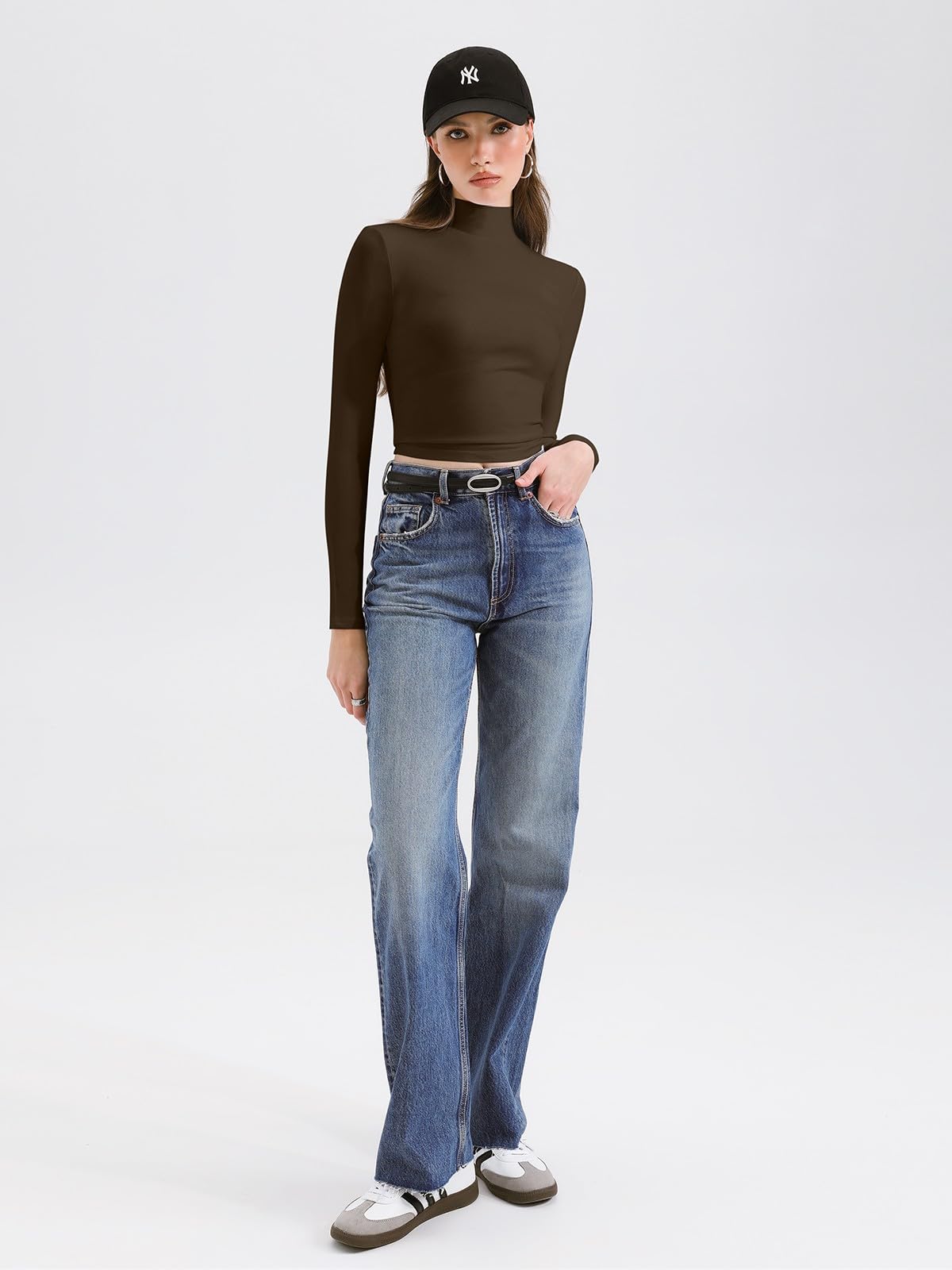 REORIA Women's Cute Basic Mock Turtleneck Long Sleeve Ribbed Tight Tshirts Crop Tops Turtle Necks Coffee Small