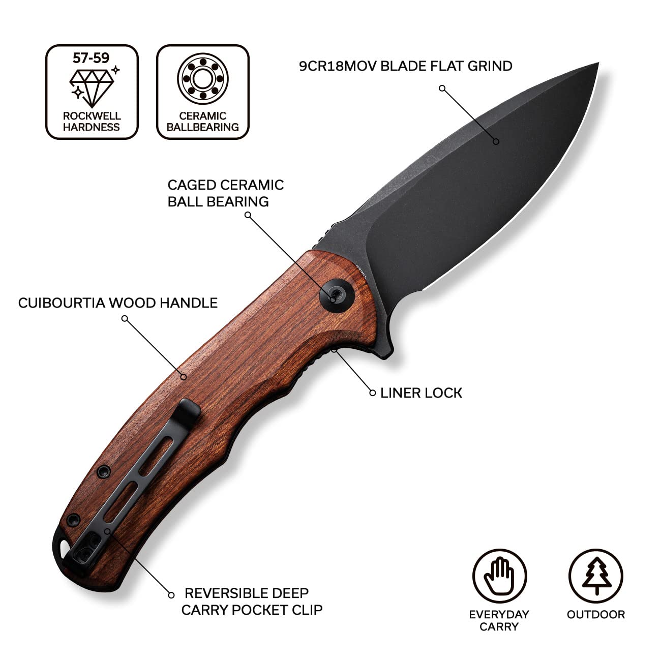 CIVIVI Folding Pocket Knife- Praxis Flipper Liner Lock Knife, 3.75" Black Stonewashed Blade with Cuibourtia Wood Handles, Reversible Clip for Everyday Carry Outdoor Use C803H