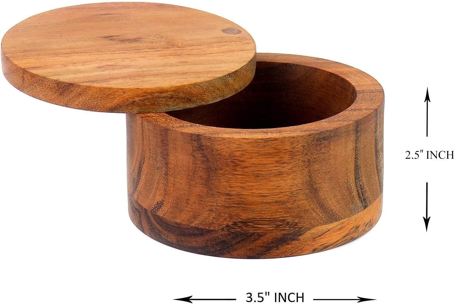 Kaizen Casa Acacia Wood Salt or Spice Box with Swivel Cover perfect for keeping table salt, gourmet salts, herbs or favorite seasonings, close at hand on your countertop.