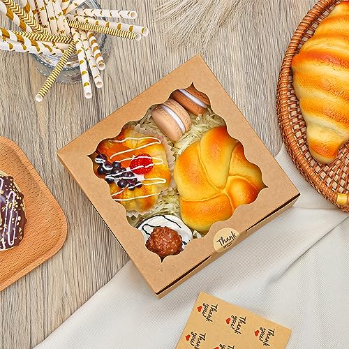 Moretoes 15pcs Cookie Boxes with Window, 6x6x3in Bakery Boxes, Kraft Paper Treat Boxes Small Cake Box for Dessert Pie Donuts Pastry, Brown