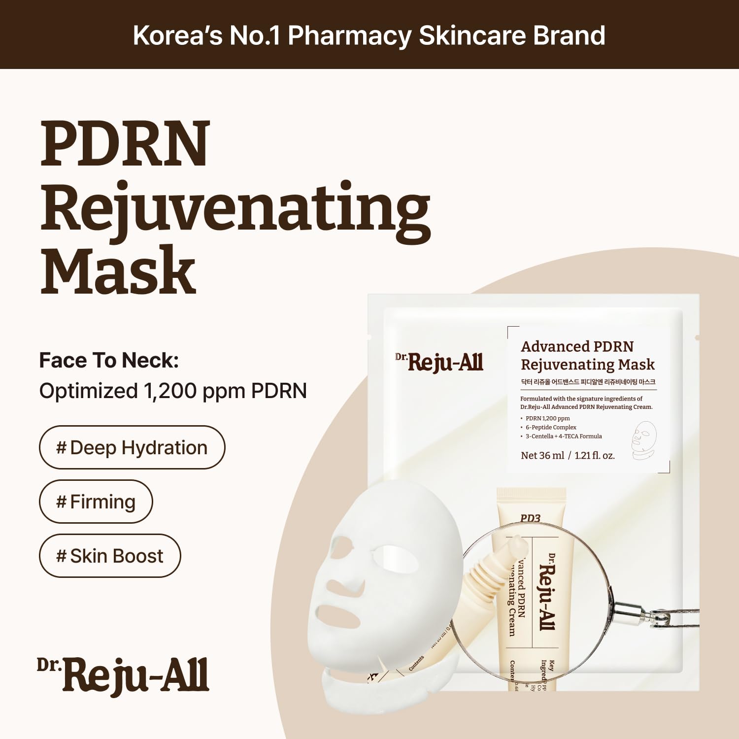 Dr. Reju-All Advanced PDRN Rejuvenating Mask - Face & Neck Korean Sheet Mask with 1,200 ppm PDRN, Collagen & Copper Peptides - Hydrating & Soothing, Skin Repair (1.2 Fl Oz x 4EA)
