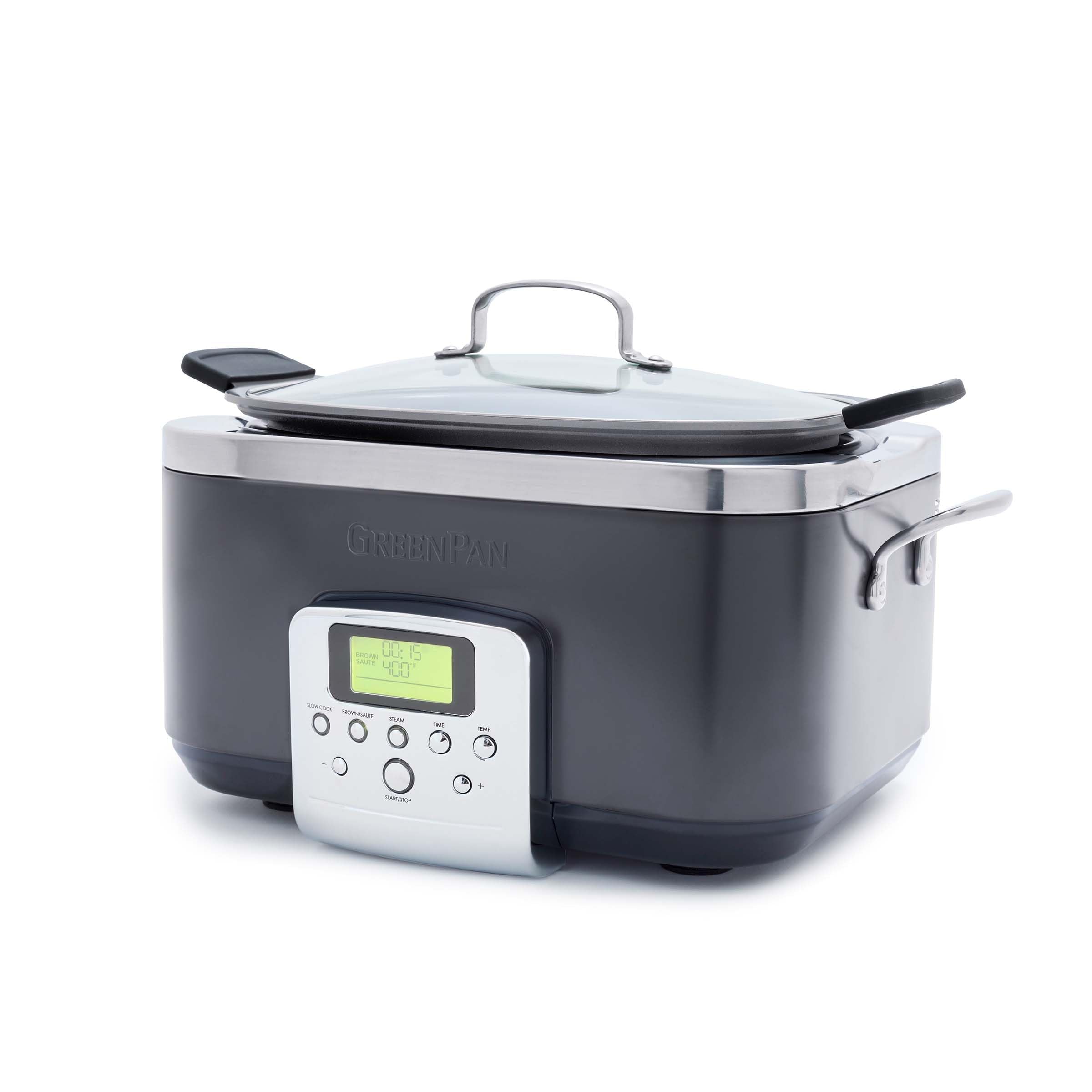 GreenPan Elite 8-in-1 Programmable 6QT Electric Slow Cooker, Dishwasher Safe Lid & Removable Crock, PFAS-Free Healthy Ceramic Nonstick Multi-Cooker, Sear,Sauté/Brown,Steam Basket,Roast, Graphite