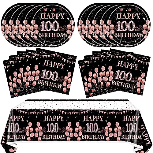 41PCS 100 Birthday Decorations For Women Rose Gold Pink Happy 100 Birthday Plates and Napkins tablecloth Party Supplies for Vintage 1924 Aged to Perfection Birthday Decor