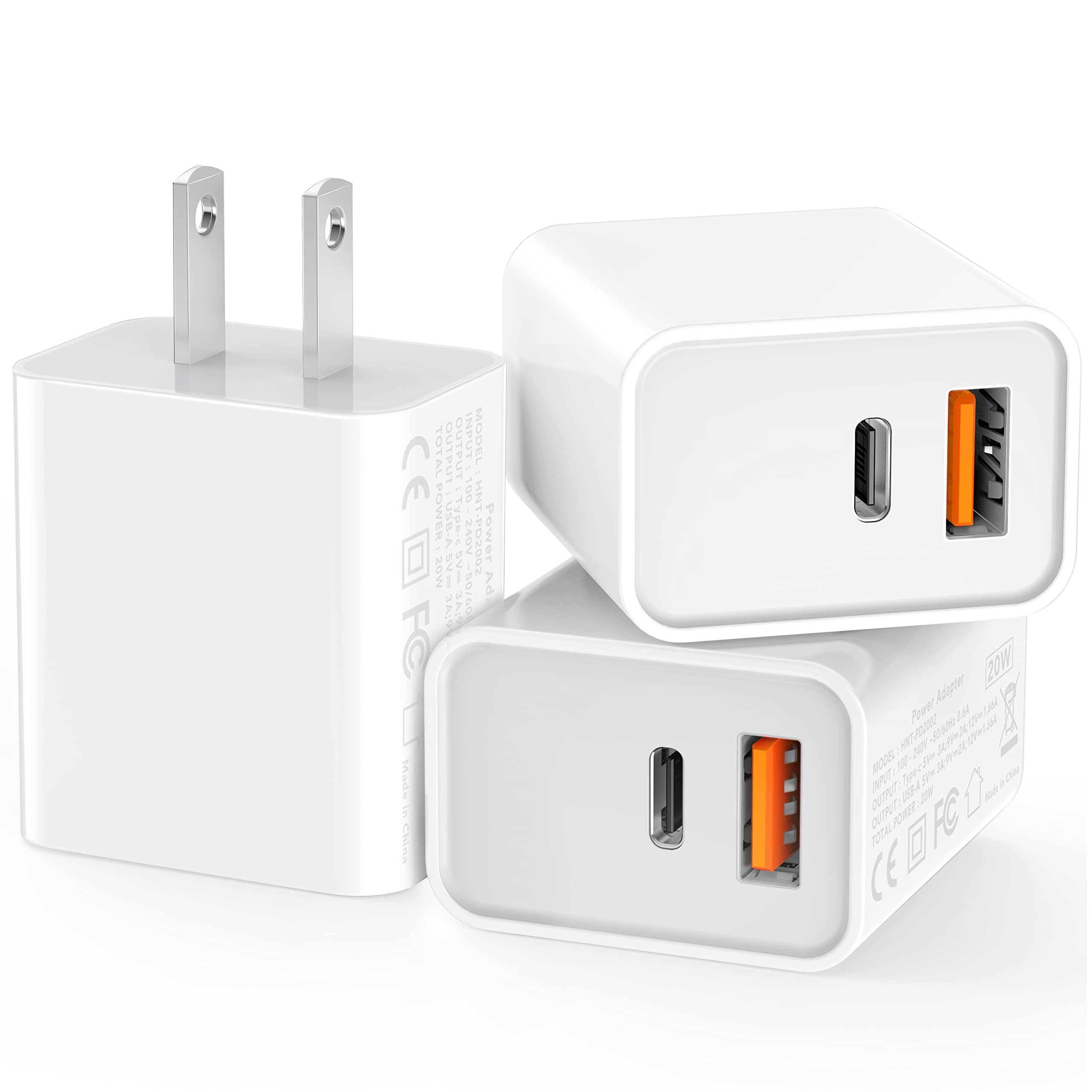 3 Pack USB C Wall Charger, 20W Durable Dual Port QC+PD 3.0 Power Adapter, Double Fast Plug Charging Block for iPhone 13/14/15/16/16 Pro/Pro Max/Plus, XS/XR/X, Watch Series 8/7 Cube,White