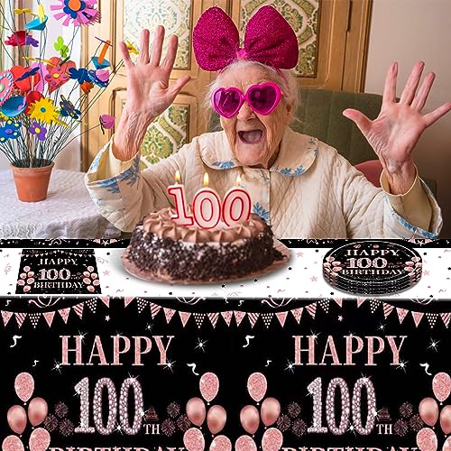 41PCS 100 Birthday Decorations For Women Rose Gold Pink Happy 100 Birthday Plates and Napkins tablecloth Party Supplies for Vintage 1924 Aged to Perfection Birthday Decor