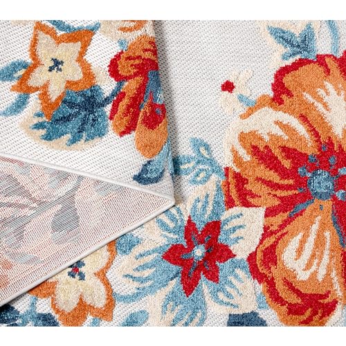 TOWN & COUNTRY EVERYDAY Hibiscus Bloom Border Modern Floral Indoor Outdoor Area Rug, UV Fade Resistant, High-Low Pile, Grey/Red/Blue, 3'11"x5'2"